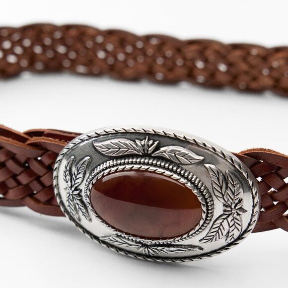 NWT ZARA LEATHER BELT WITH HEWN BUCKLE BROWN - Picture 2 of 4